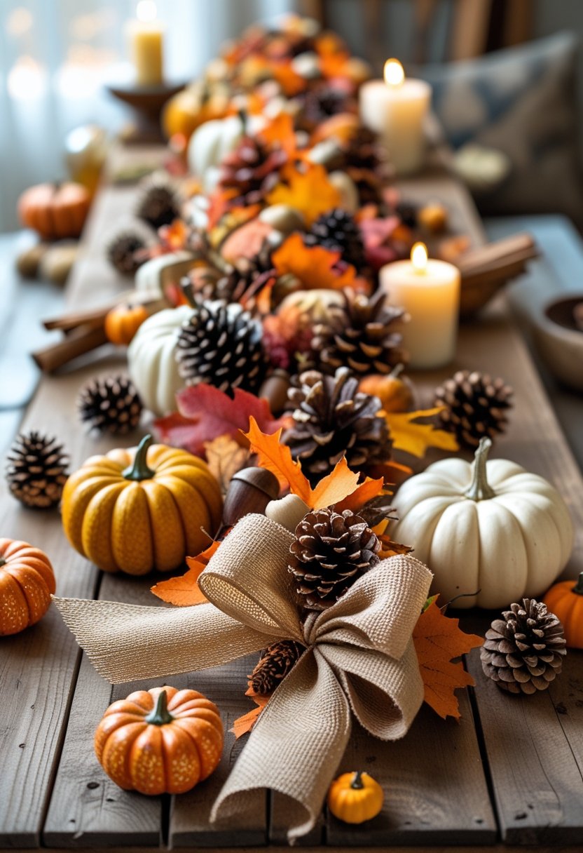 Eight fall garlands and DIY fall decorations arranged on a wooden table with autumn leaves, pumpkins, pinecones, and ribbons.