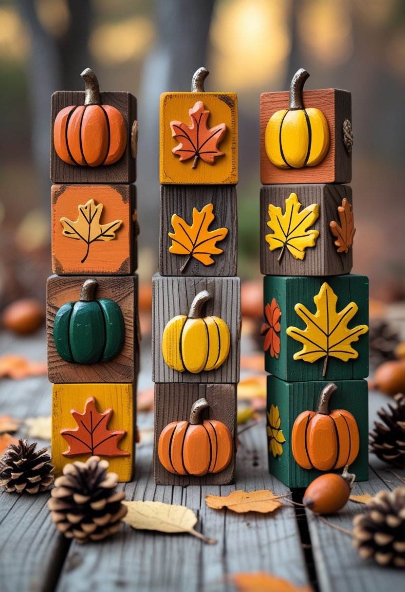 Eight fall-themed decorations made from painted wooden blocks arranged on a rustic table with autumn leaves and pinecones.