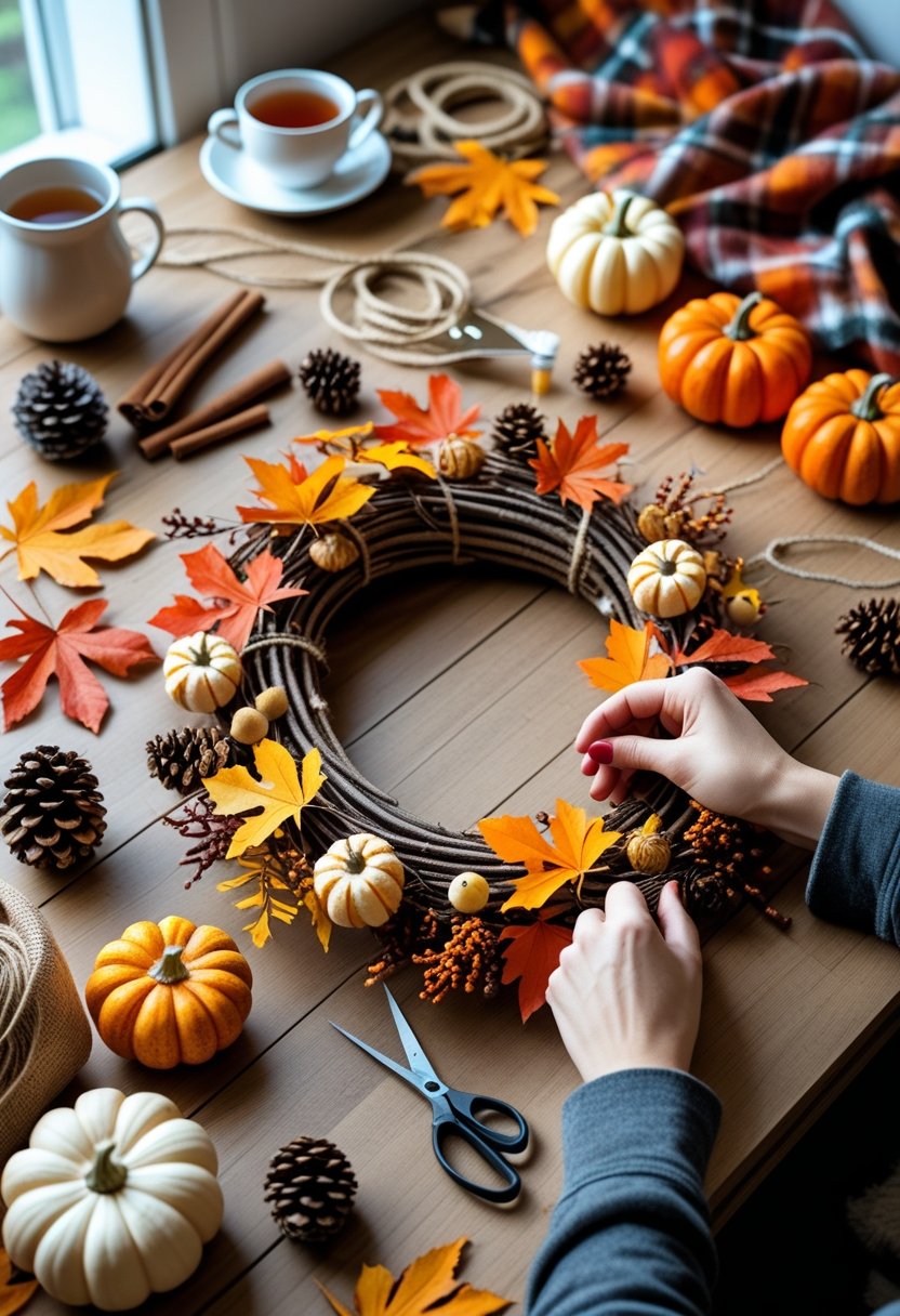 Hands crafting a fall wreath on a wooden table with autumn leaves, pumpkins, pine cones, and crafting tools.