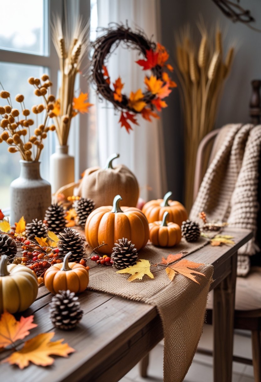 A wooden table decorated with pumpkins, pine cones, dried leaves, and autumn crafts in warm fall colors with soft natural light coming through a window.
