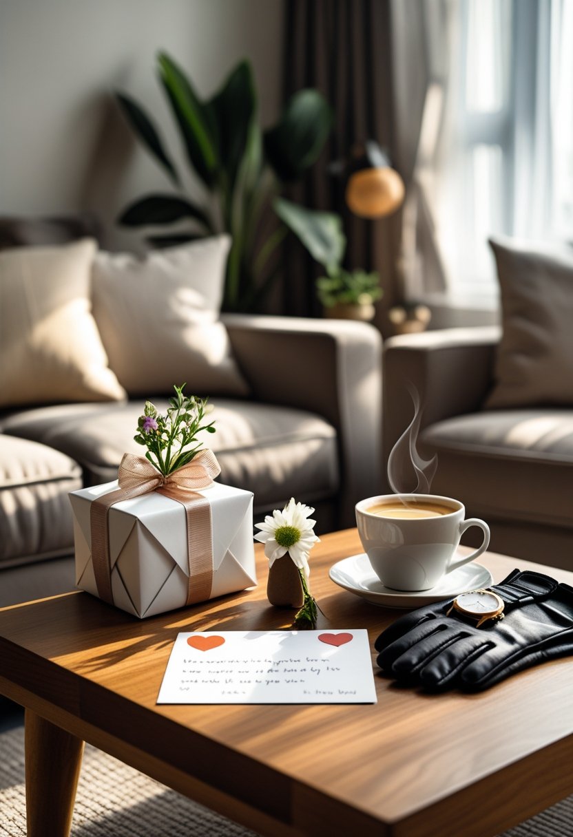 A cozy living room table with a wrapped gift, a card, flowers, a cup of coffee, gloves, and a watch arranged thoughtfully.