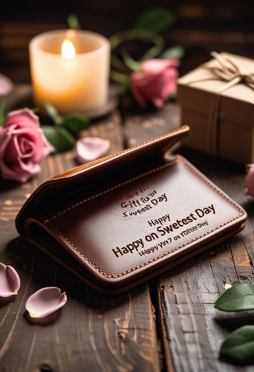 A custom engraved leather wallet open on a wooden table surrounded by rose petals, a small gift box, and a lit candle.