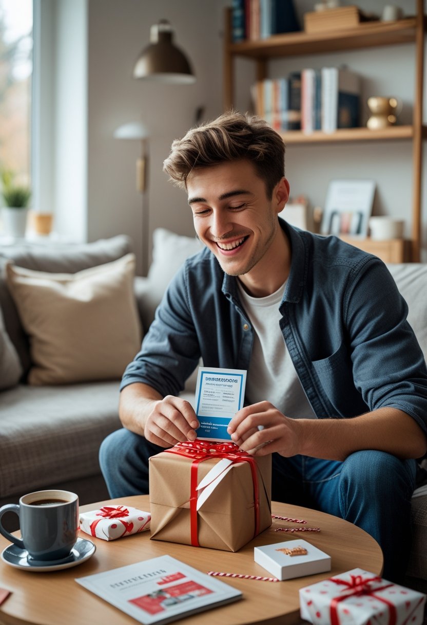 A young man happily unwrapping a gift box with a subscription card inside in a cozy living room.