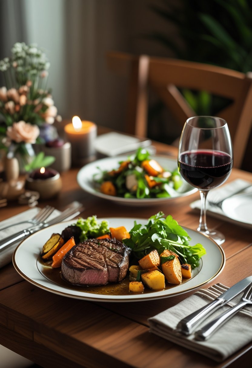 A homemade gourmet dinner with steak, roasted vegetables, salad, and red wine set on a wooden table with flowers.