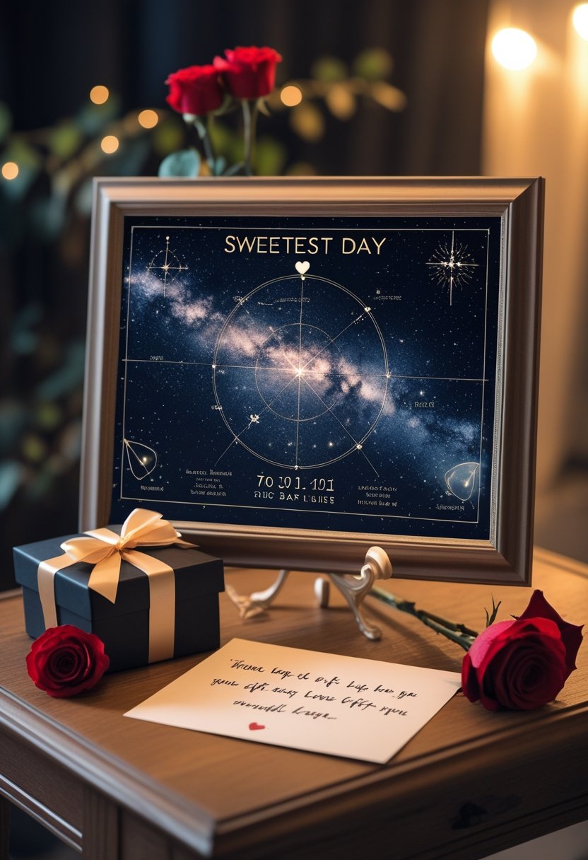 A framed custom star map on a table with a gift box, handwritten note, and a red rose.