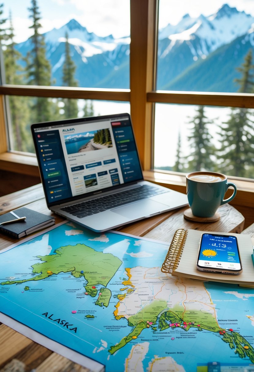 A table with an Alaska map, laptop, coffee, notebook, and smartphone by a window showing snow-capped mountains and pine trees on a sunny day.