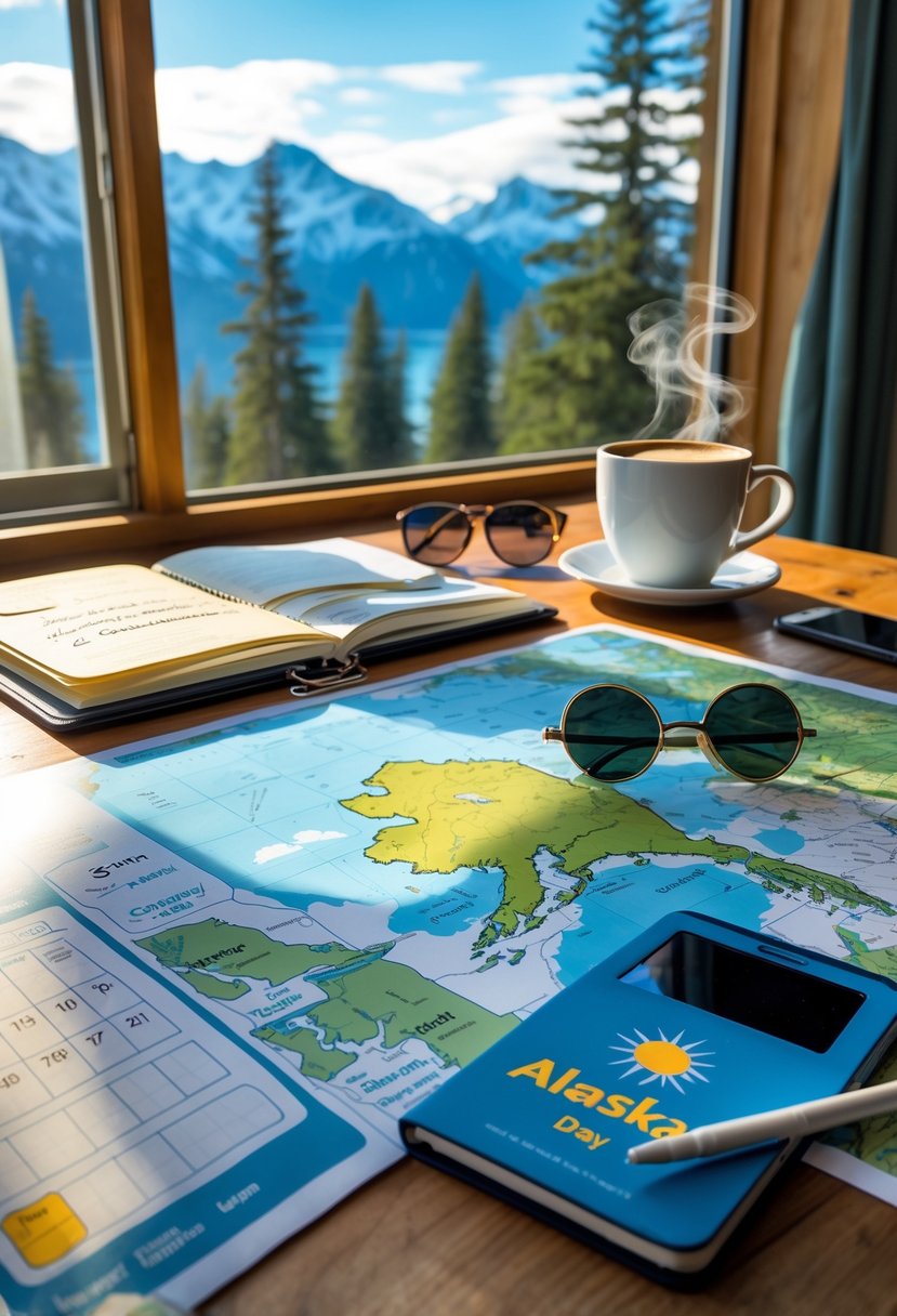 A table with a map of Alaska, notebook, calendar, pen, smartphone, coffee cup, and sunglasses, with snow-capped mountains visible through a window in the background.