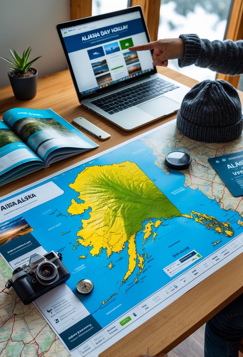 Person planning an Alaska day holiday with a map, laptop, travel brochures, and winter gear on a desk.