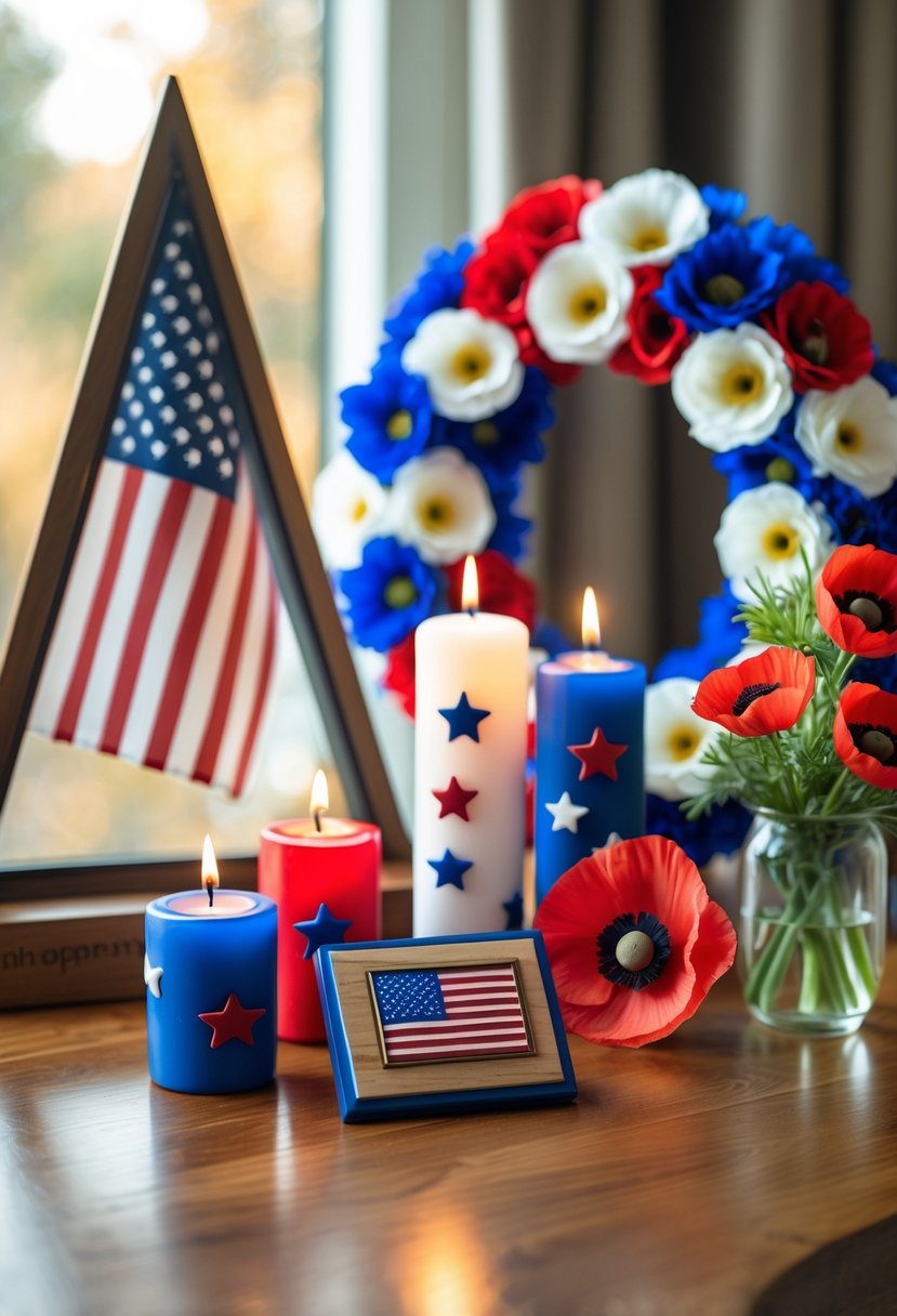 A display of five Veterans Day decorations including a folded American flag in a case, a red white and blue flower wreath, patriotic candles, a wooden military plaque, and a bouquet of poppies on a wooden table.