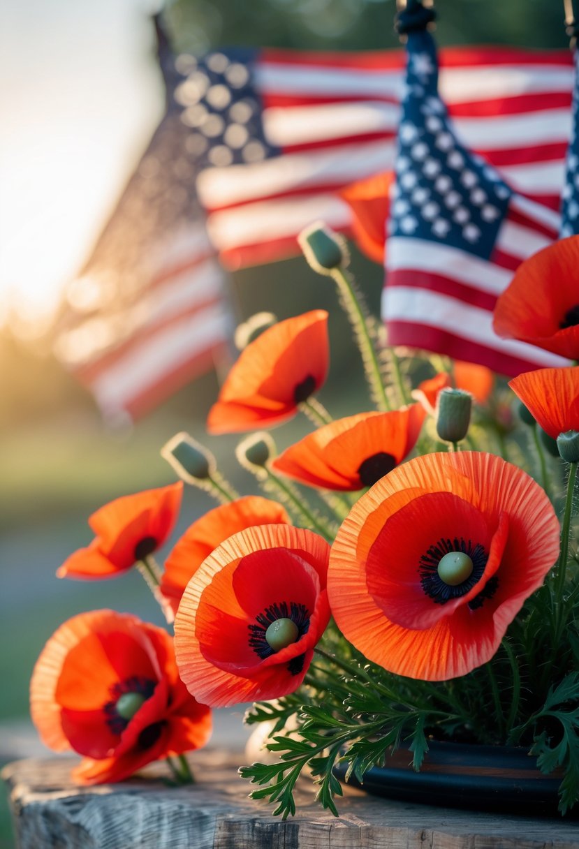 Close-up of bright red poppies with blurred American flags in the background, symbolizing Veterans Day remembrance.