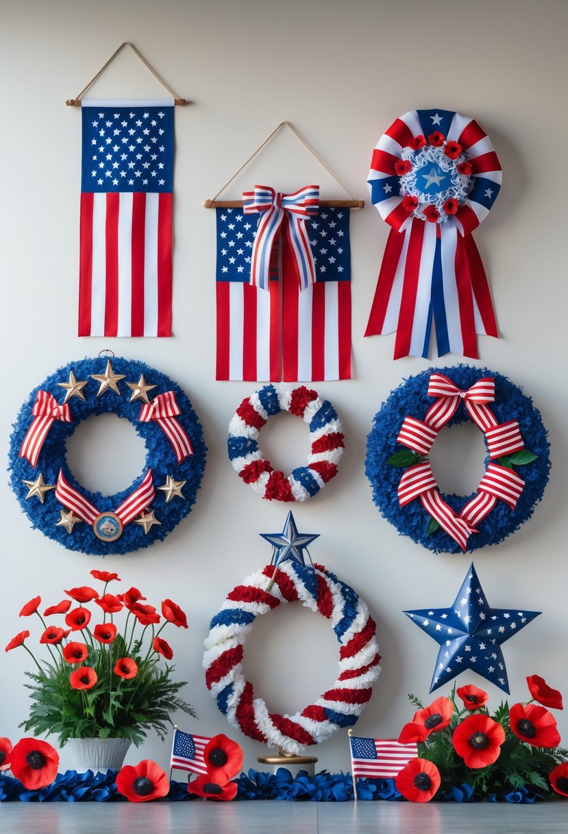 Five different Veterans Day decorations featuring American flags, ribbons, wreaths, stars, and floral arrangements on a neutral background.