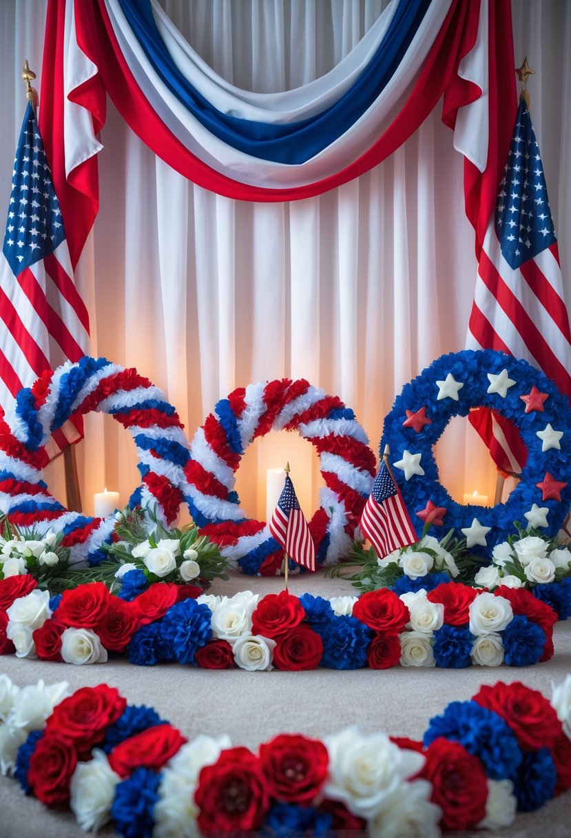 A display of five Veterans Day decorations including American flags, patriotic wreaths, floral arrangements, and a red, white, and blue banner.