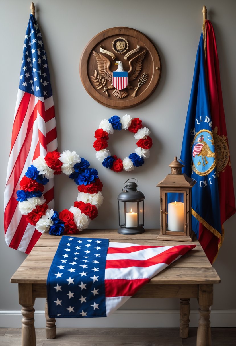 A display of five patriotic decorations including an American flag, an eagle plaque, a red white and blue flower wreath, a lantern with a candle, and a folded military flag on a wooden table.