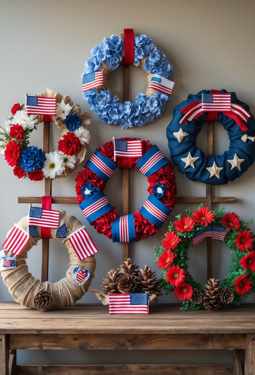Five handmade Veterans Day wreaths decorated with patriotic flowers, ribbons, and flags displayed on a wooden table.