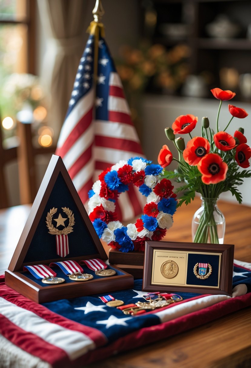 A table displaying five Veterans Day decorations including a folded American flag, a red white and blue flower wreath, a wooden plaque, military medals, and a bouquet of poppies.