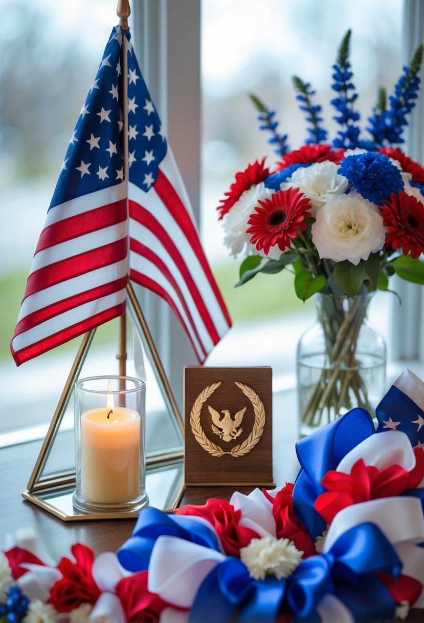 A display of Veterans Day decorations including a folded American flag in a case, red white and blue flowers, a wooden eagle plaque, a lit candle, and a patriotic wreath.