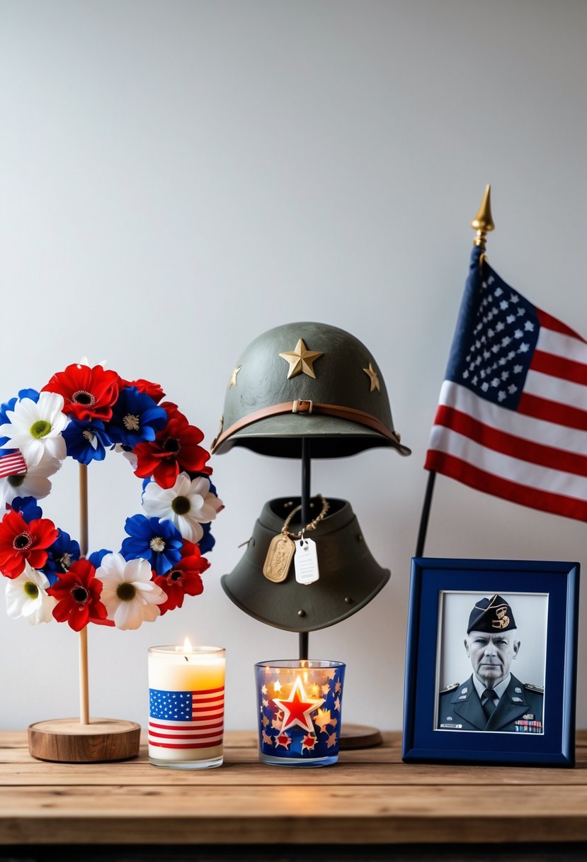 Five Veterans Day decorations arranged on a wooden table including an American flag, a patriotic wreath, a military helmet with dog tags, a candle with stars and stripes, and a framed photo of a veteran.