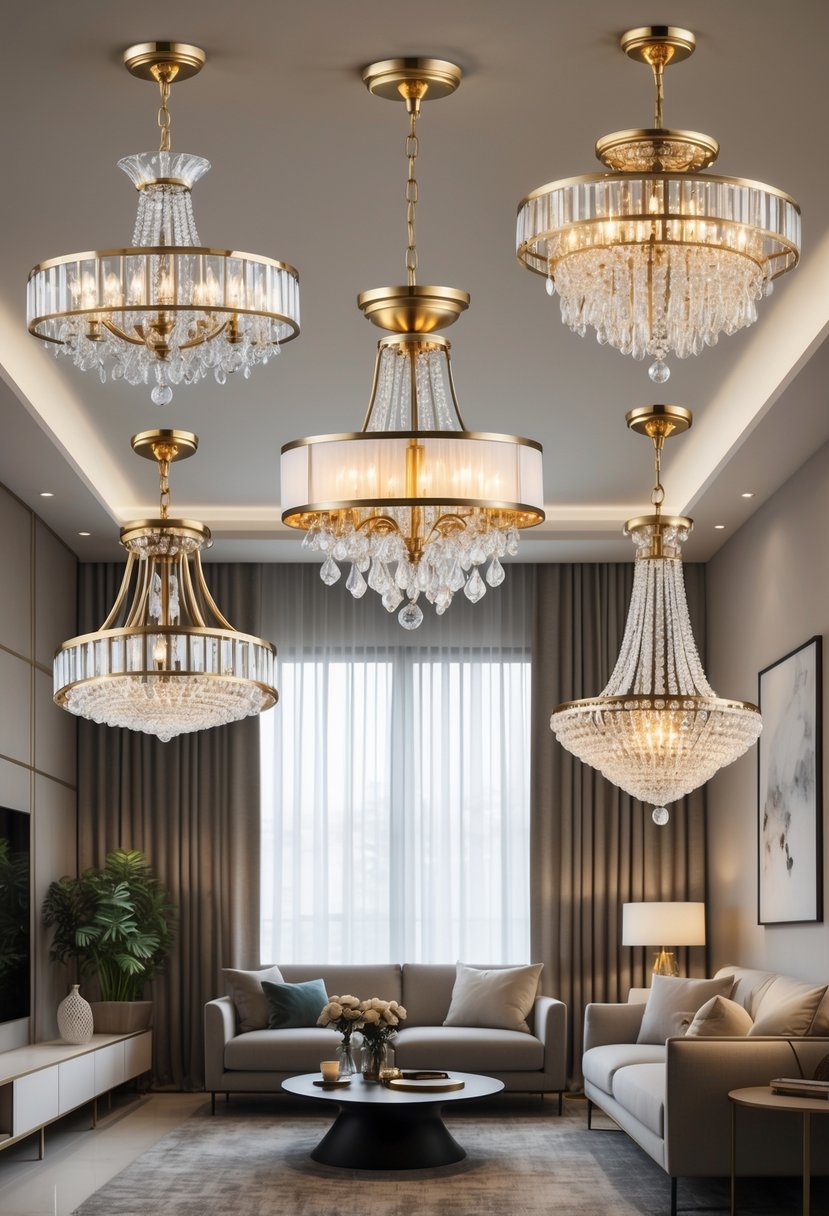 Six different chandeliers hanging from the ceiling in a modern living room with furniture and decor.