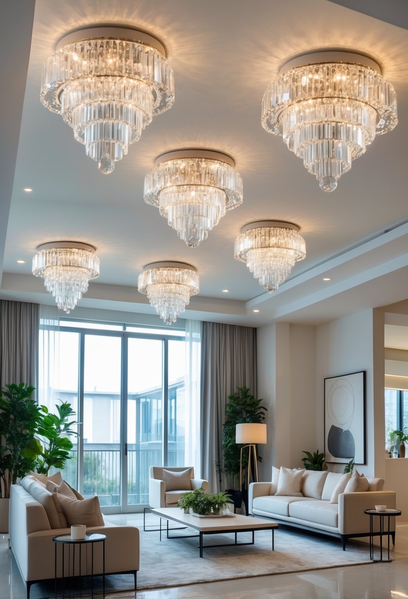 Six crystal chandeliers hanging from the ceiling in a bright living room with modern furniture and large windows.