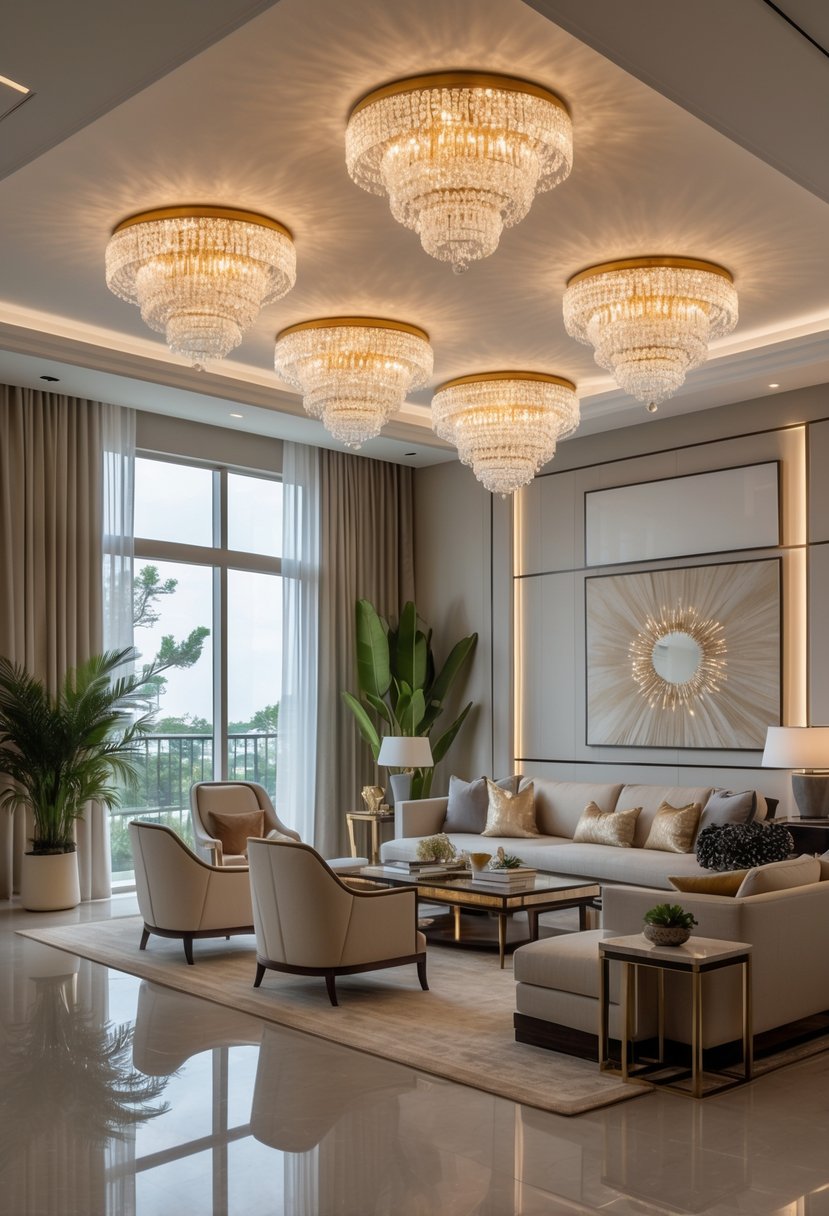 A spacious living room with six elegant chandeliers hanging from the ceiling, modern furniture, and large windows letting in natural light.
