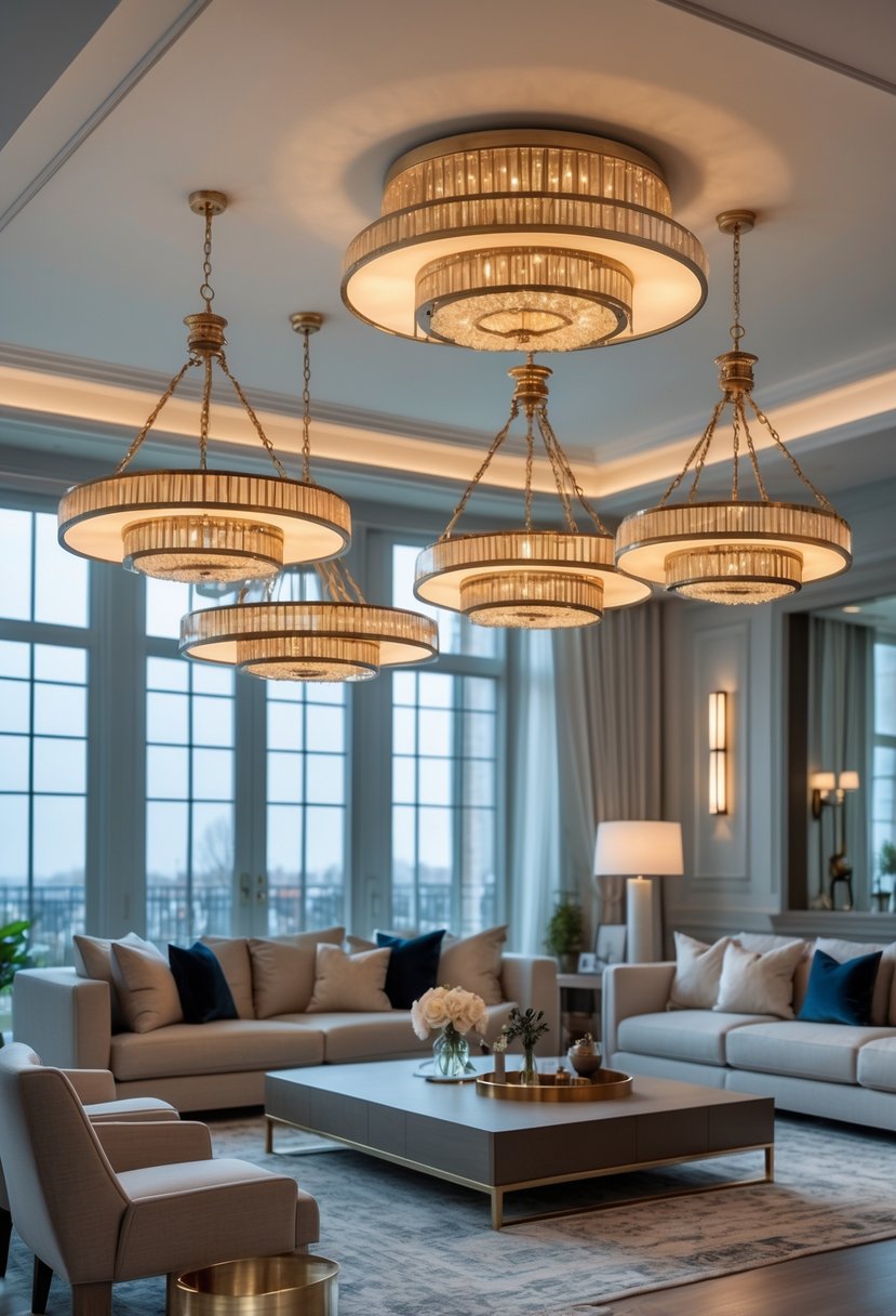 A living room with six elegant chandeliers hanging from the ceiling, illuminating the space with warm light.