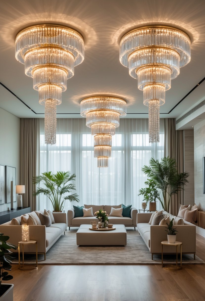 Six multi-tier chandeliers hanging in a modern living room with sofas, coffee table, and large windows.