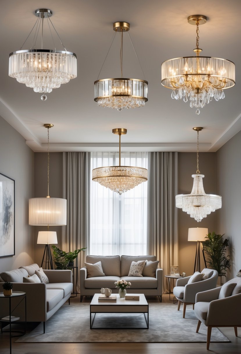 A living room with six different chandeliers hanging from the ceiling above seating furniture.