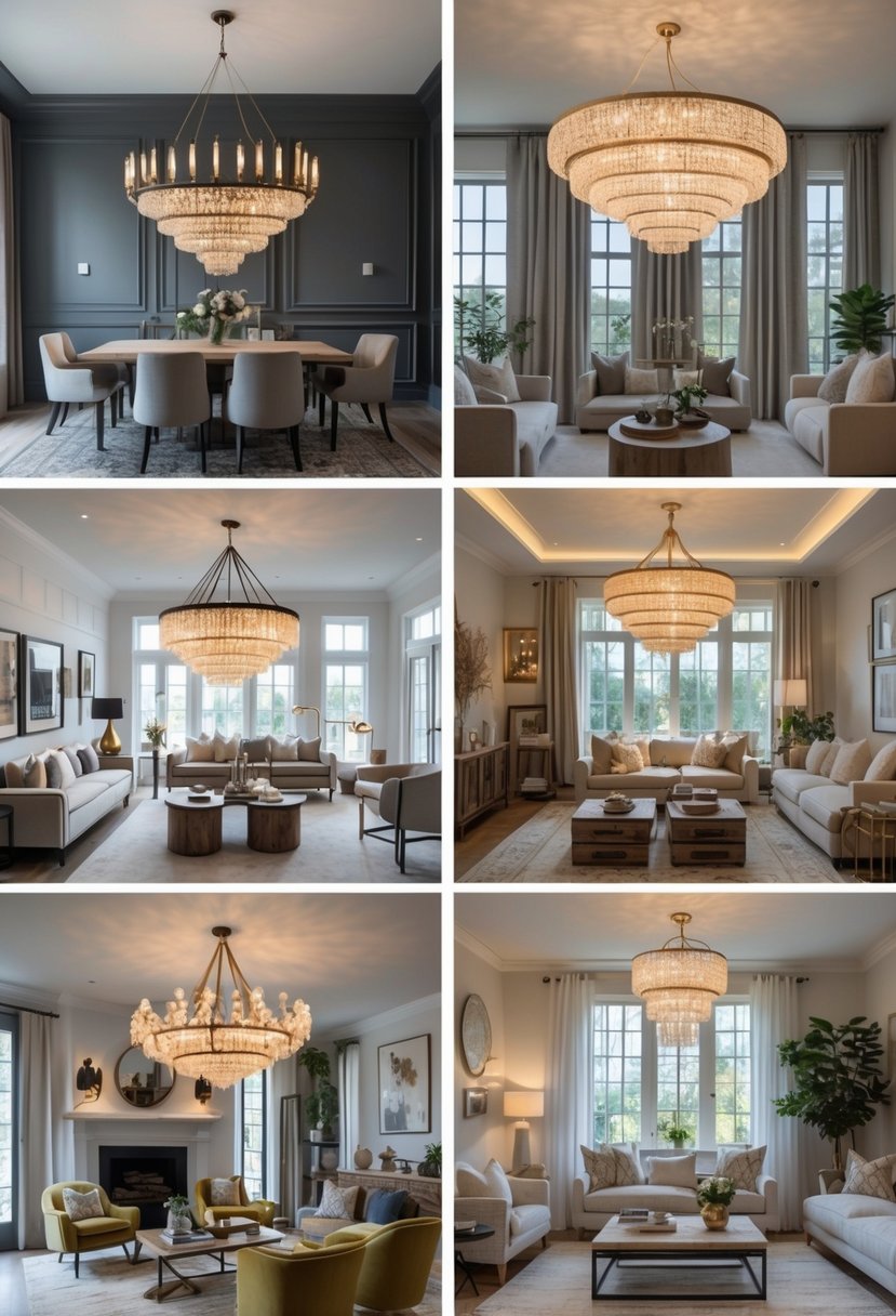 Six different living rooms each with a unique chandelier hanging from the ceiling, showing various furniture and decor styles.