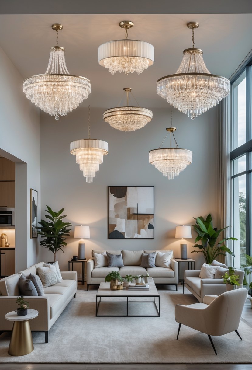 A living room with six different chandeliers hanging from the ceiling above sofas and a coffee table.
