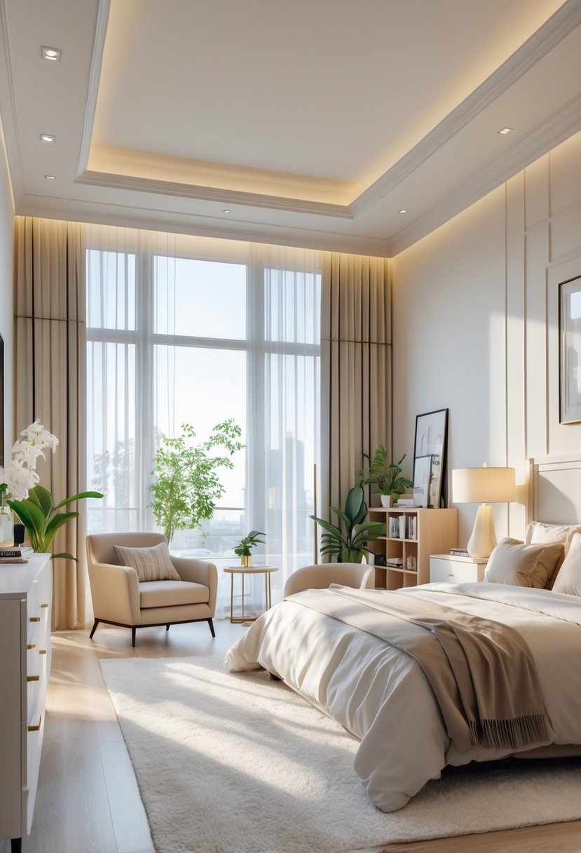 A bright and spacious bedroom with a large bed, bedside tables, reading nook, and decorative plants.