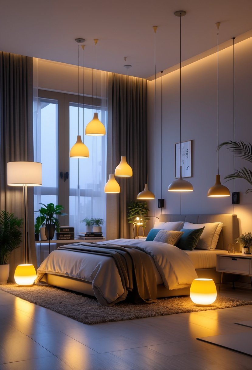 A bedroom with floor lamps and pendant lights creating layered lighting around a neatly made bed.