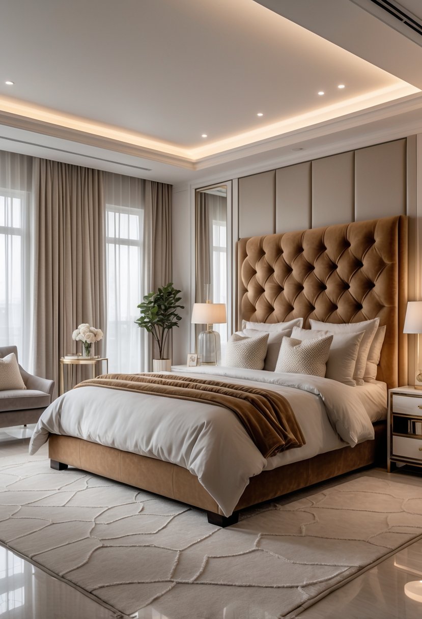 A bedroom with a large velvet or leather headboard, a neatly made bed, bedside tables with lamps, and soft natural light coming through curtains.