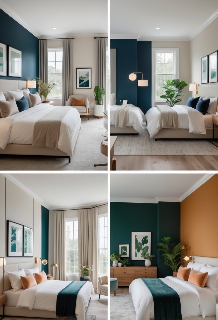 A collection of ten bedrooms featuring neutral wall colors with bold accent walls, furnished with beds, nightstands, and decorative elements, illuminated by natural light.