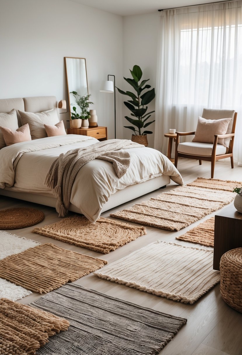 A bedroom with a bed, layered textured rugs on the floor, a nightstand with a lamp, an armchair, and plants near large windows.