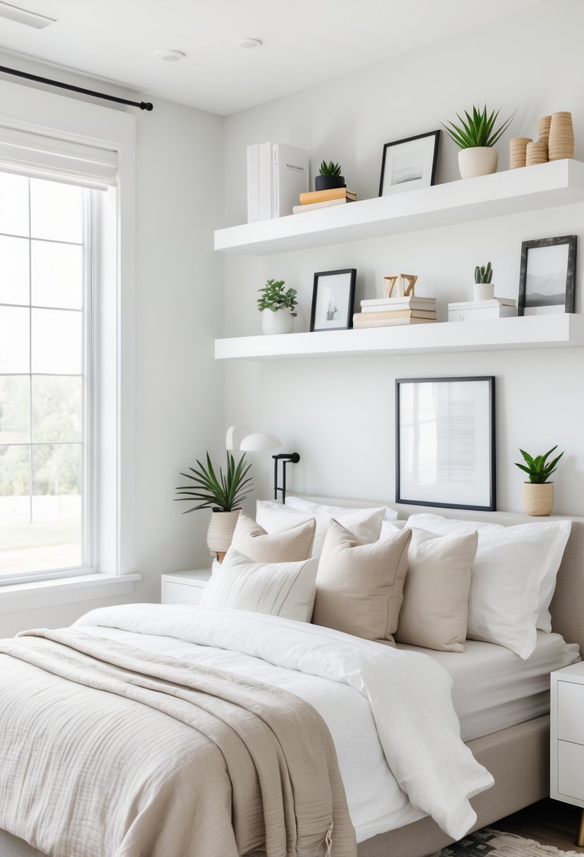A bedroom with floating shelves mounted on the wall holding plants, books, and decor items, next to a neatly made bed.