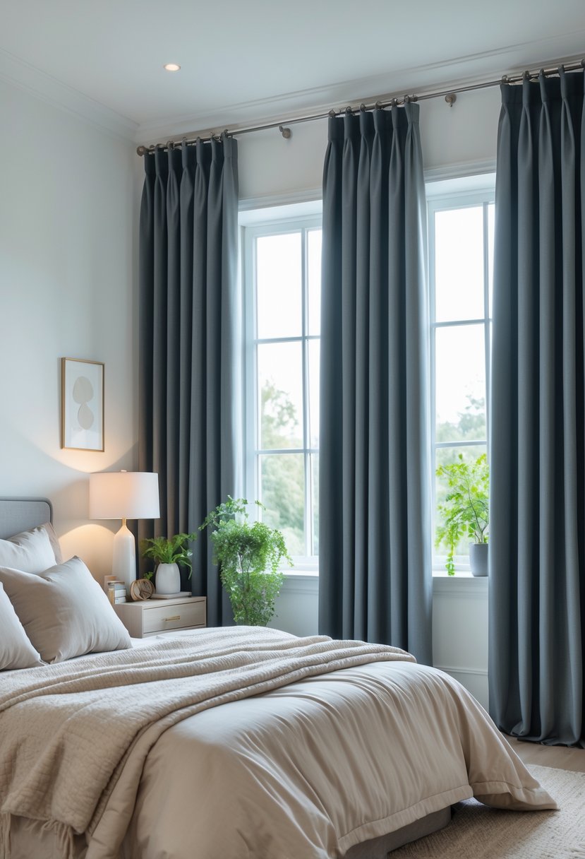 A modern bedroom with large windows covered by blackout curtains, a cozy bed, and simple decorative elements creating a restful atmosphere.