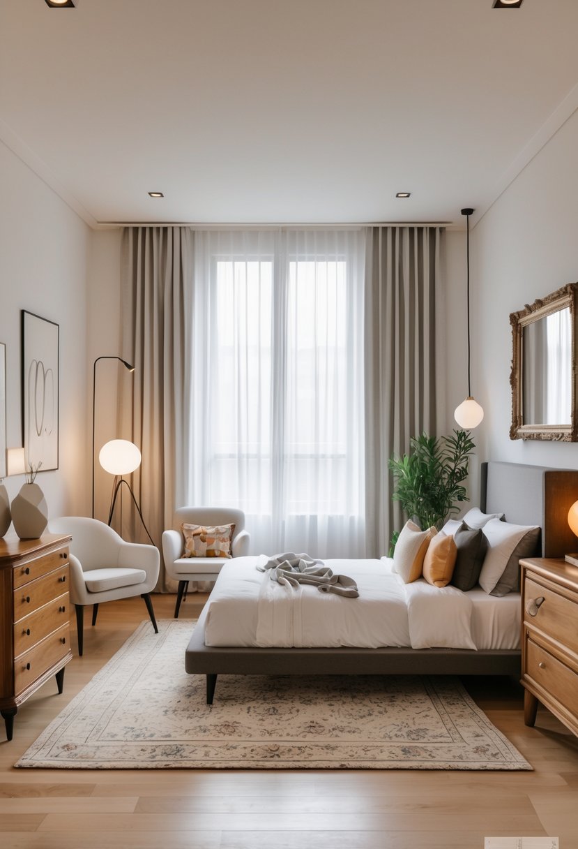 A bright bedroom with a mix of modern and vintage furniture, including a bed, dresser, armchair, and decorative accents.