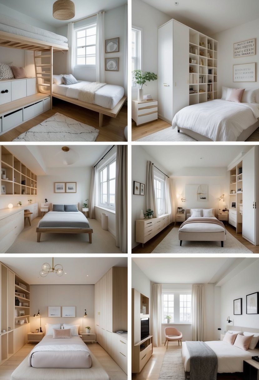A collage of eight small bedrooms, each arranged with space-saving furniture and cozy decor.