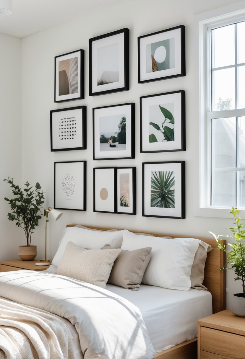 A bedroom with a bed and a gallery wall of ten framed pictures arranged above it.