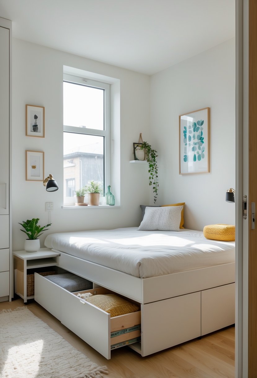 Small bedroom with a bed that has built-in storage drawers and minimal furniture, showing an organized and space-saving layout.