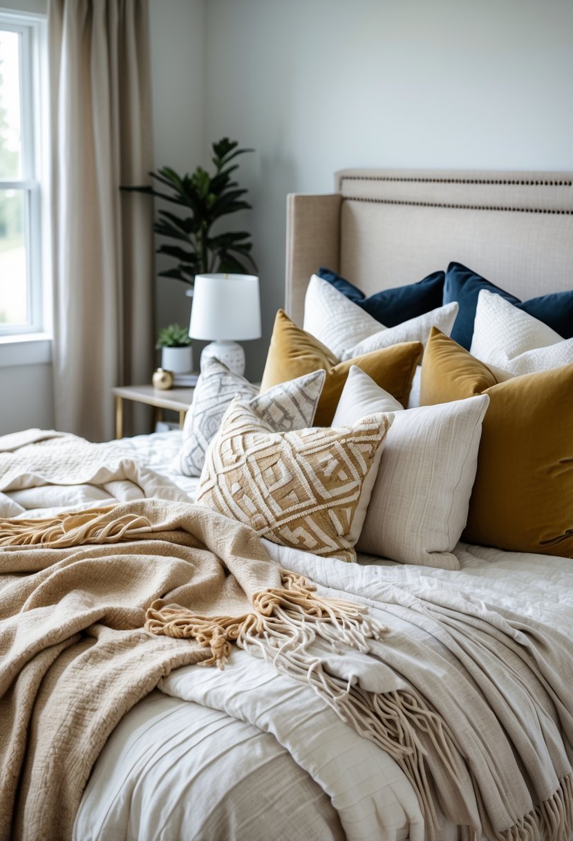 A bedroom with a large bed featuring layered bedding, multiple throws, and decorative pillows arranged neatly.