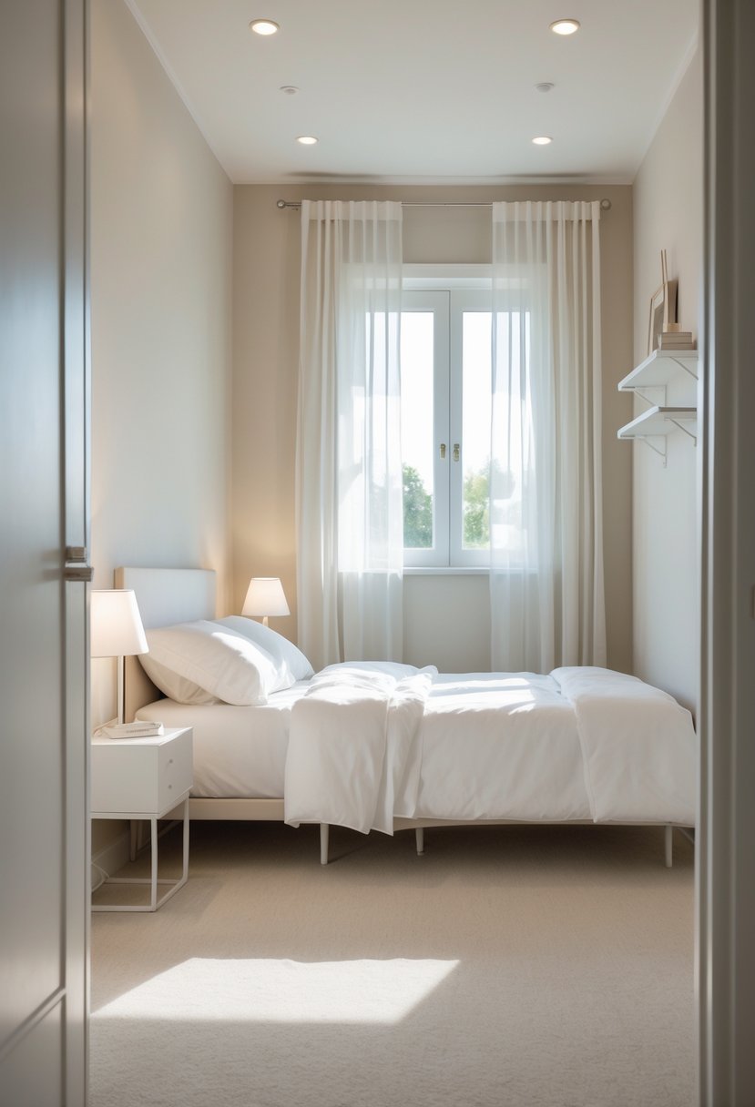 A small bedroom with light-colored walls, a bed, a bedside table, and natural light coming through a window.