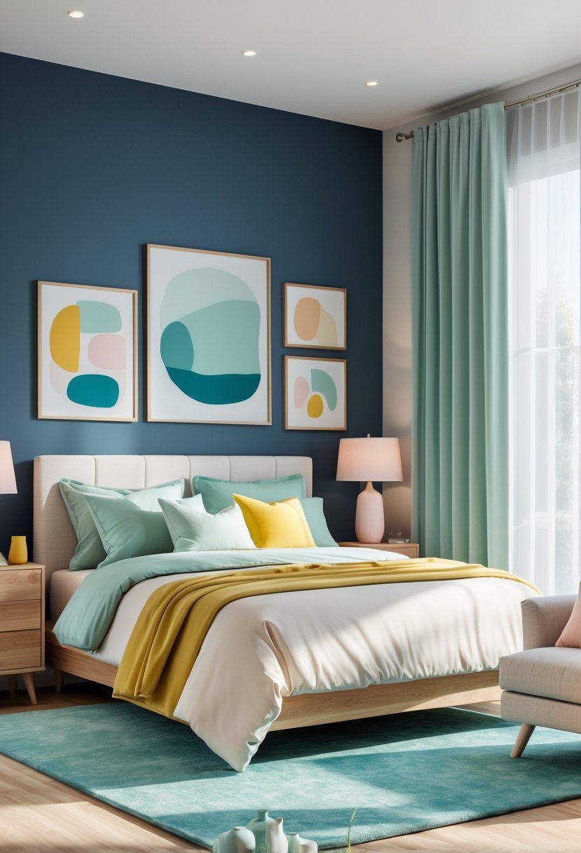 A bedroom with a variety of colors including blue, green, yellow, pink, and beige, featuring a bed, nightstands, lamps, and a window with sunlight.