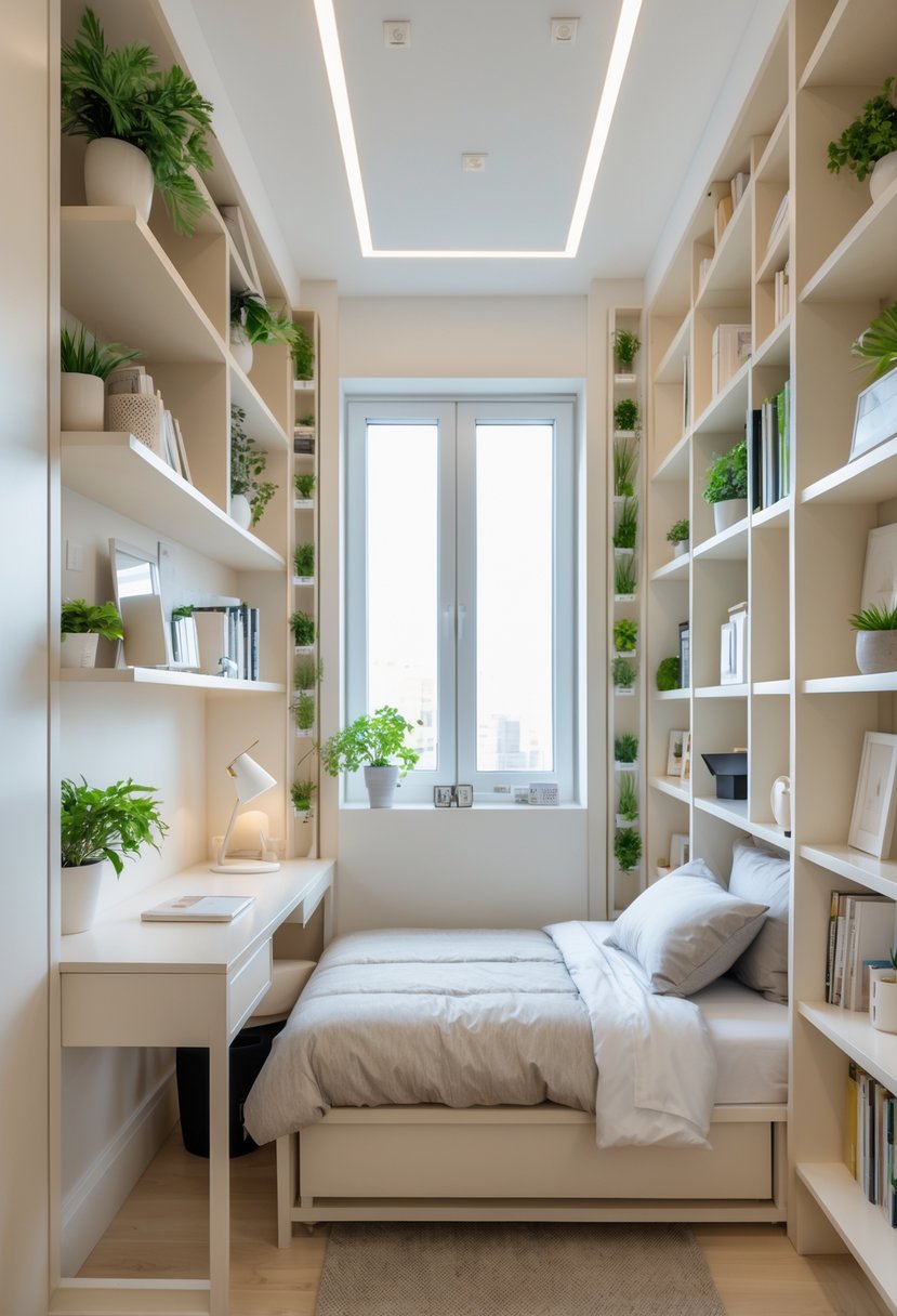 A small bedroom with vertical wall shelves filled with books and plants, a single bed, and a compact desk near a window.