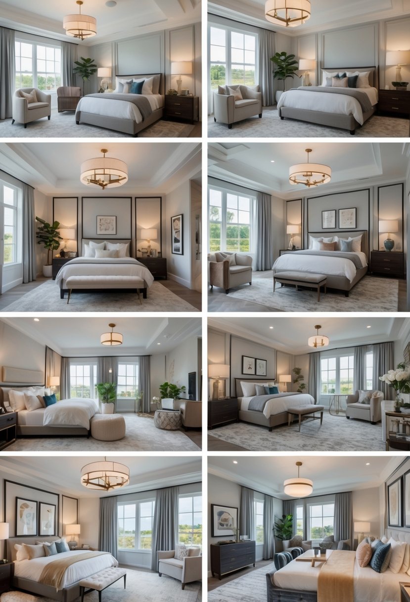 A spacious interior showing multiple connected bedrooms with varied furniture, bedding, and decor arranged neatly in a bright, well-lit space.