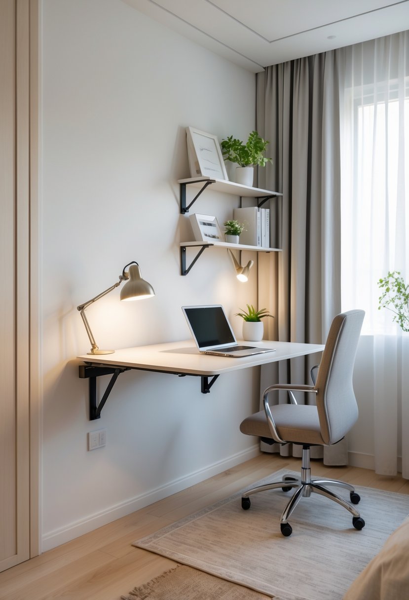 Small bedroom with a wall-mounted foldable desk set up as a home office, including a chair, laptop, and shelves with plants and books.