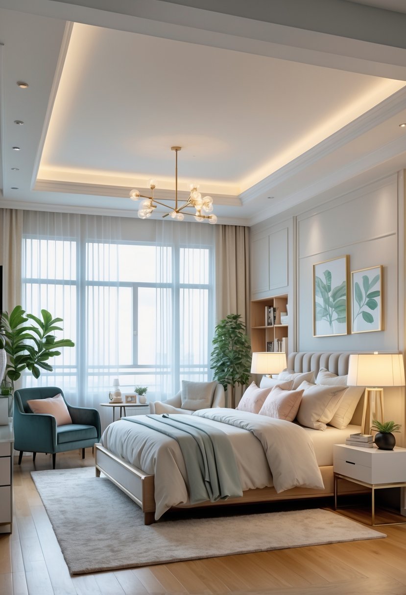 A bright and spacious bedroom with a large bed, bedside tables, a reading nook, and decorative plants.