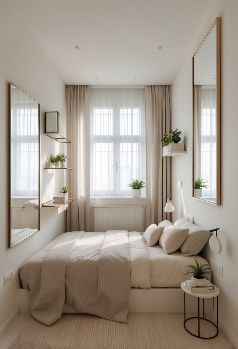 A small bedroom with a single bed, wall-mounted mirror, and additional decorative mirrors creating a sense of depth and space.