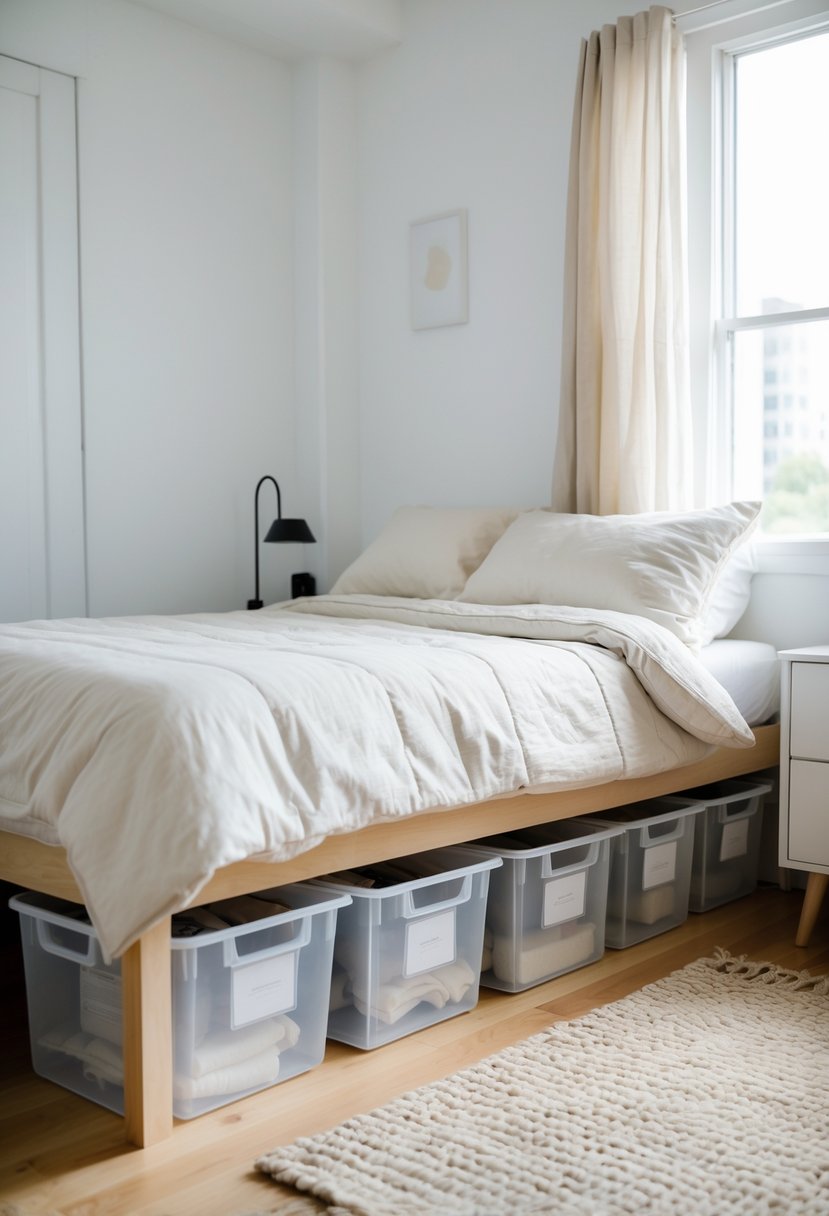 Small bedroom with a made bed and clear storage bins neatly placed under the bed for extra organization.