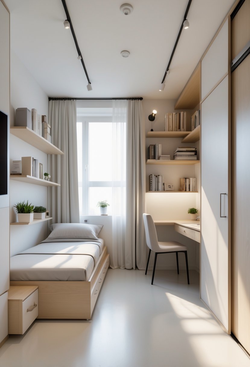 A small bedroom with a bed that has storage drawers underneath, a wall-mounted desk, floating shelves, and a tall wardrobe with sliding doors, all arranged to maximize space and keep the room tidy.